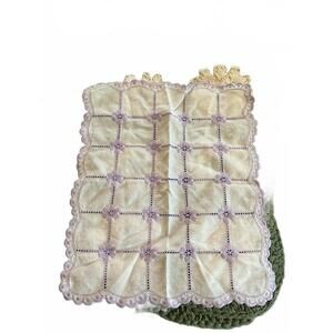 Vintage Embroidered Linen Handkerchief with Lavender Flowers